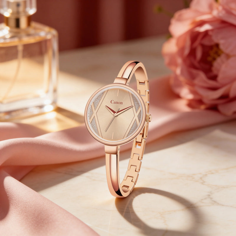 Elegant rose gold women's analog watch with minimalist dial, pink floral and satin accents.
