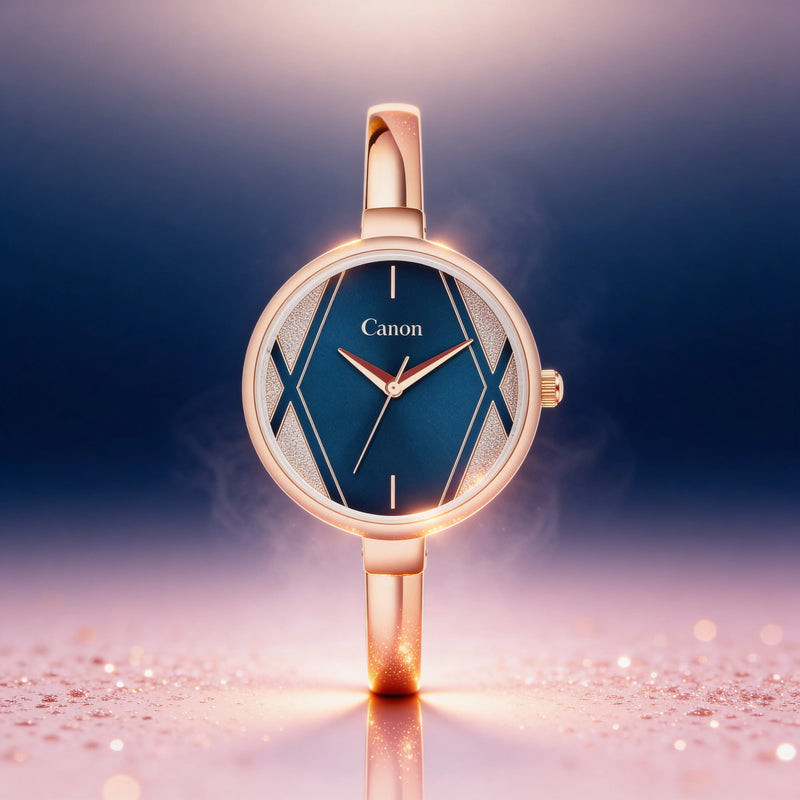Elegant analog watch with blue geometric dial and gold strap on sparkling background