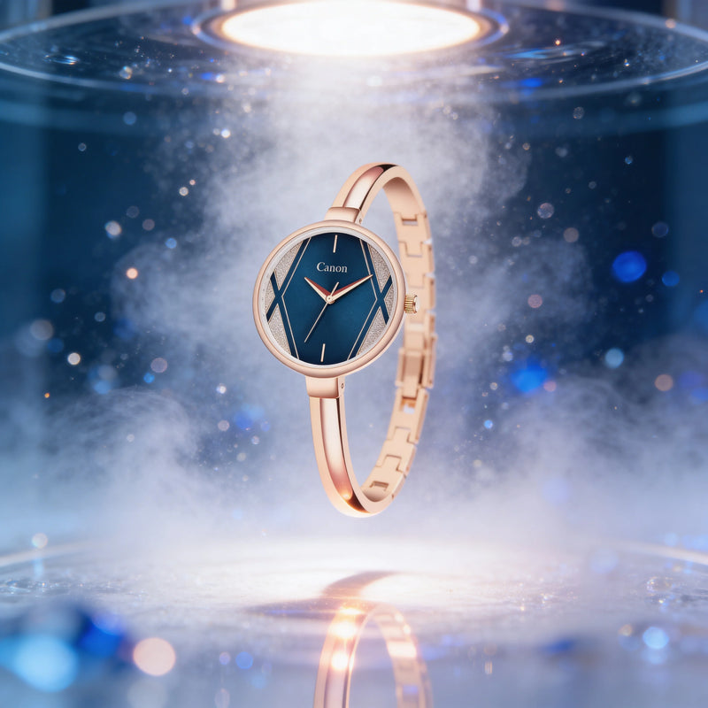 Elegant rose gold analog watch with blue dial on display, surrounded by mist and blue lights
