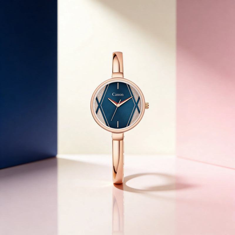 Elegant rose gold analog watch with blue dial on geometric pastel background