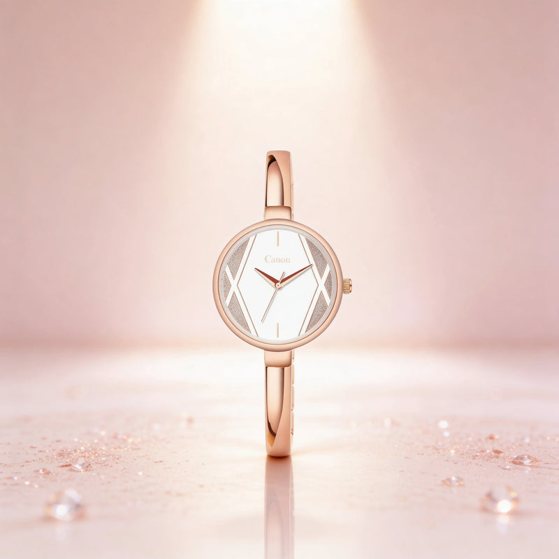 Elegant rose gold analog women's watch with white dial on a soft pink background