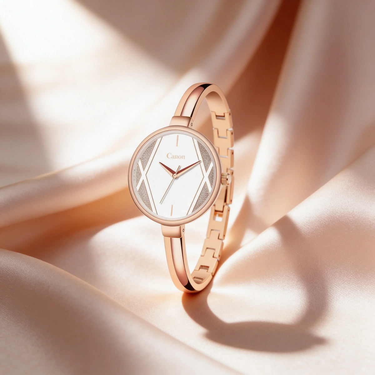 Rose gold analog women's watch with white dial on satin background, elegant design.