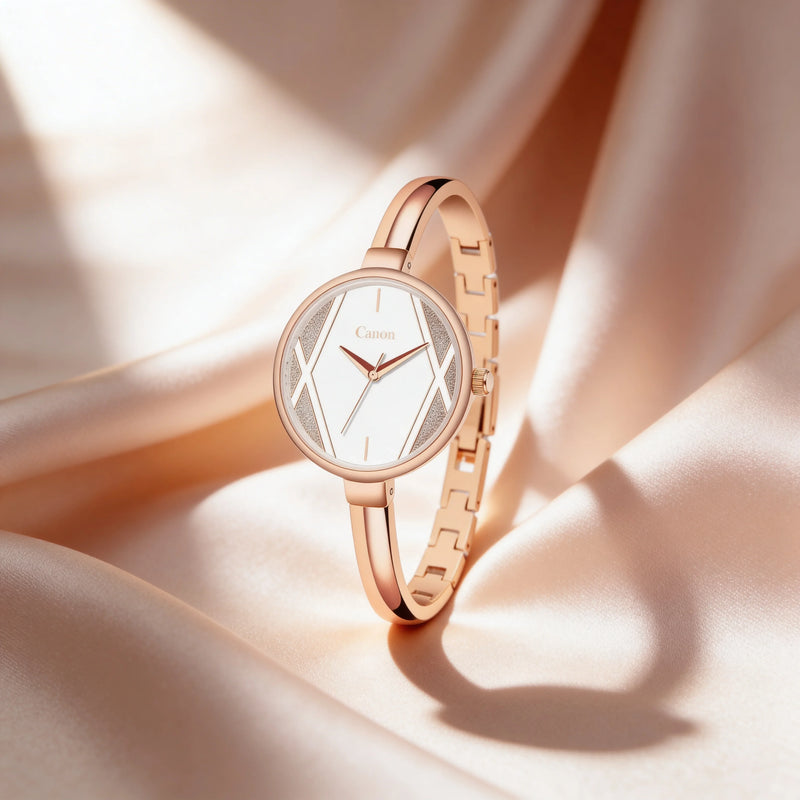 Rose gold analog women's watch with white dial on satin background, elegant design.