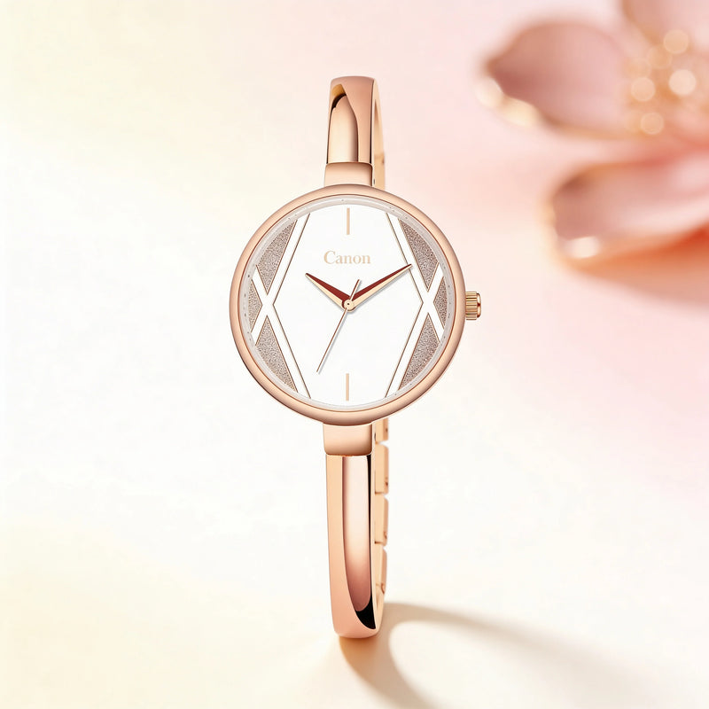 Elegant women's rose gold analog wristwatch with minimalist dial on a soft pastel background.
