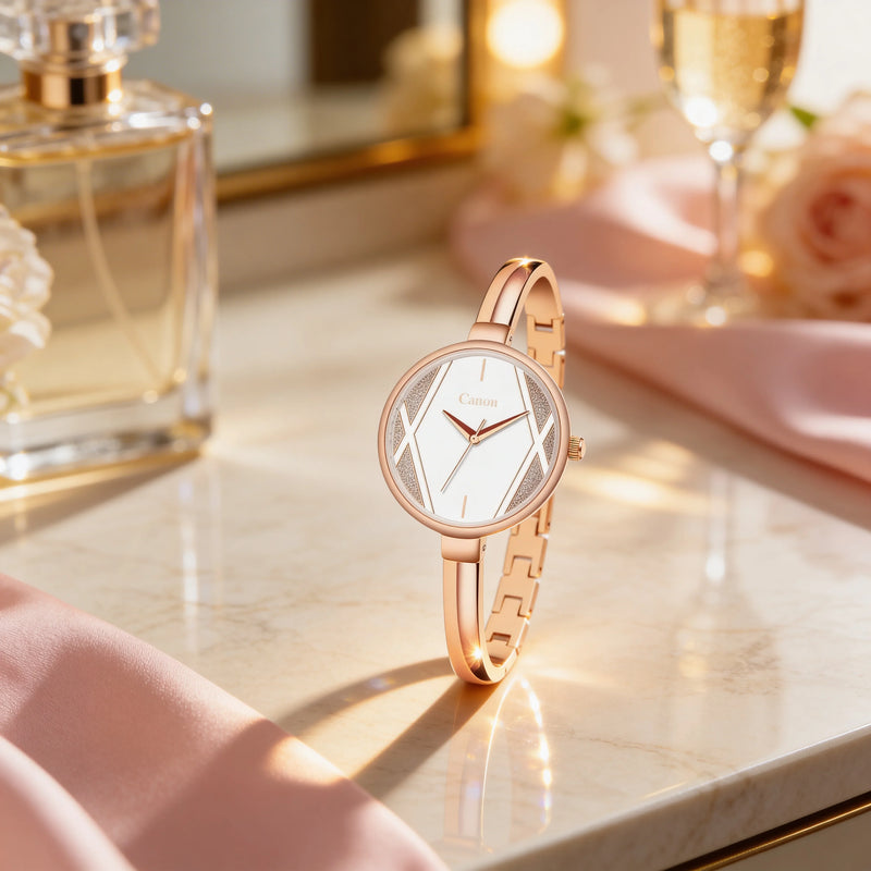 Elegant rose gold analog women's watch with minimalist dial on a marble vanity, luxury setting