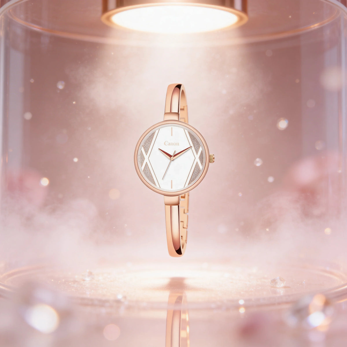 Elegant rose gold analog women's watch with geometric dial, showcased under soft lighting