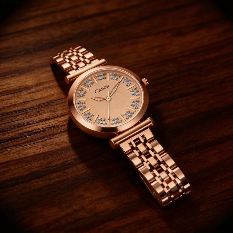 Rose gold analog watch with crystal markers on wood surface, stylish luxury timepiece
