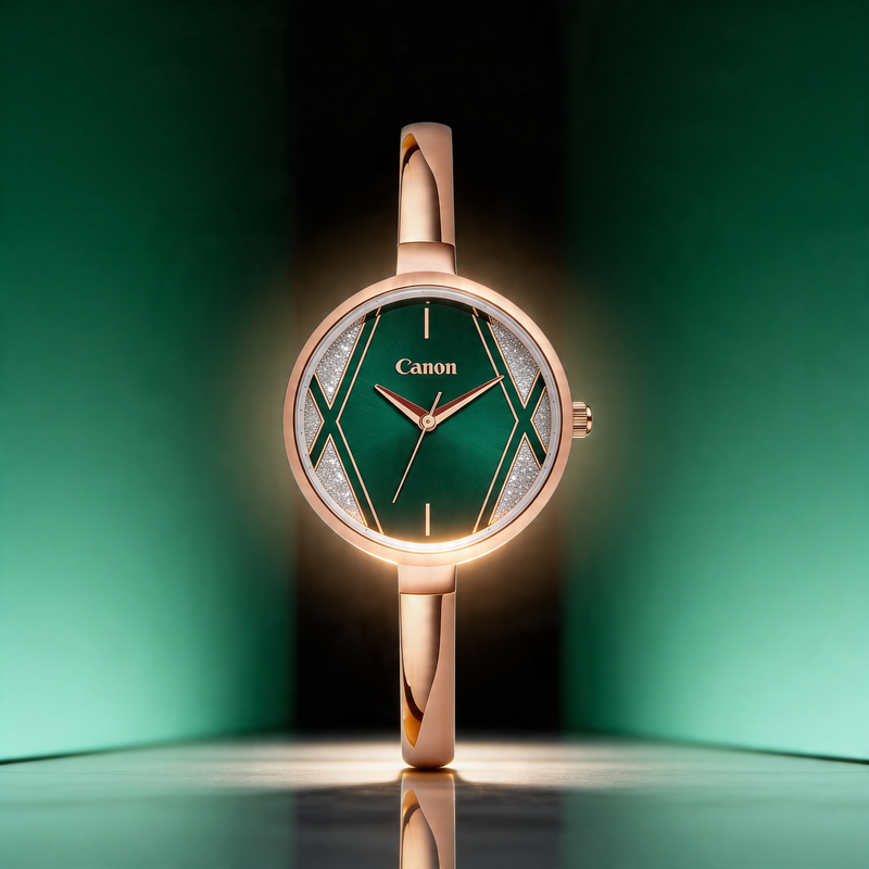 Elegant women's analog watch with green and gold face, slim gold band, diamond accents.