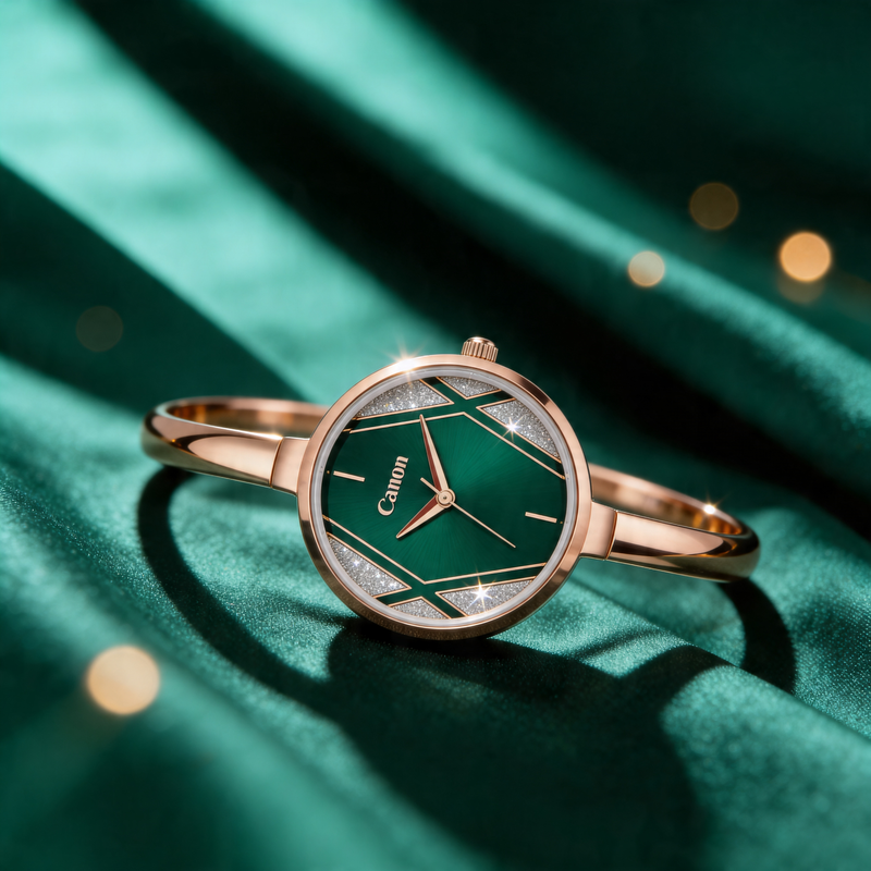 Elegant analog women's watch with green face, gold band, and diamond accents on satin fabric