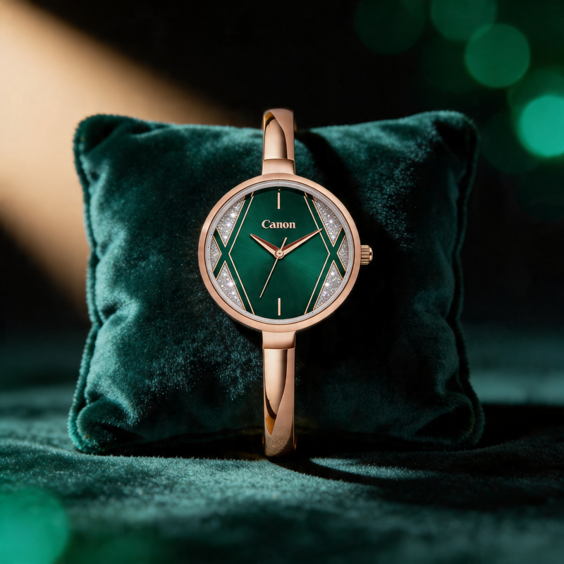 Elegant women's analog watch with green dial, gold band, and crystal accents on velvet cushion