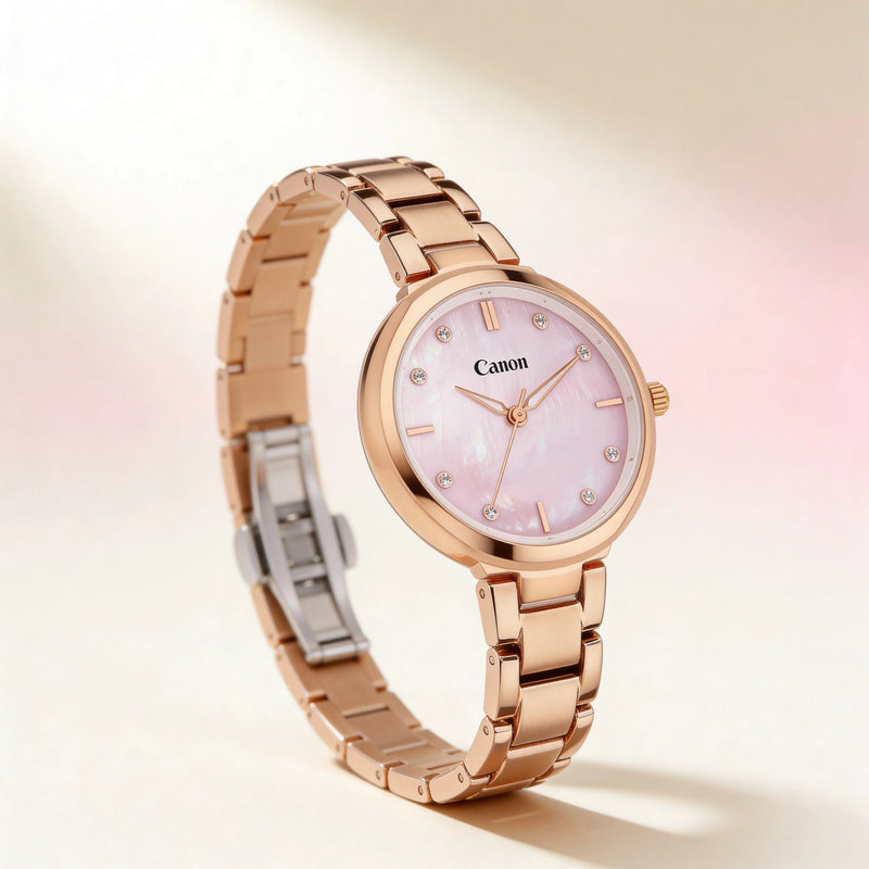 Elegant rose gold watch with pink mother-of-pearl dial and diamond accents, perfect for women's fashion.