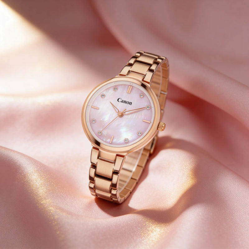Elegant rose gold analog watch with mother-of-pearl dial and crystal markers on soft pink fabric