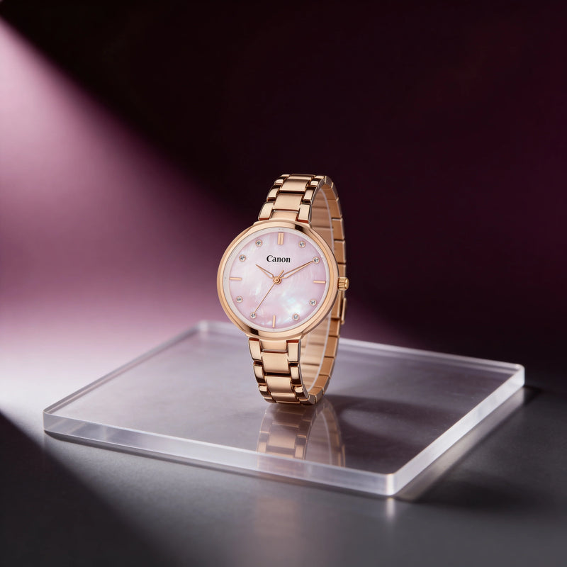 Elegant rose gold watch with pearl dial and diamond markers on clear stand