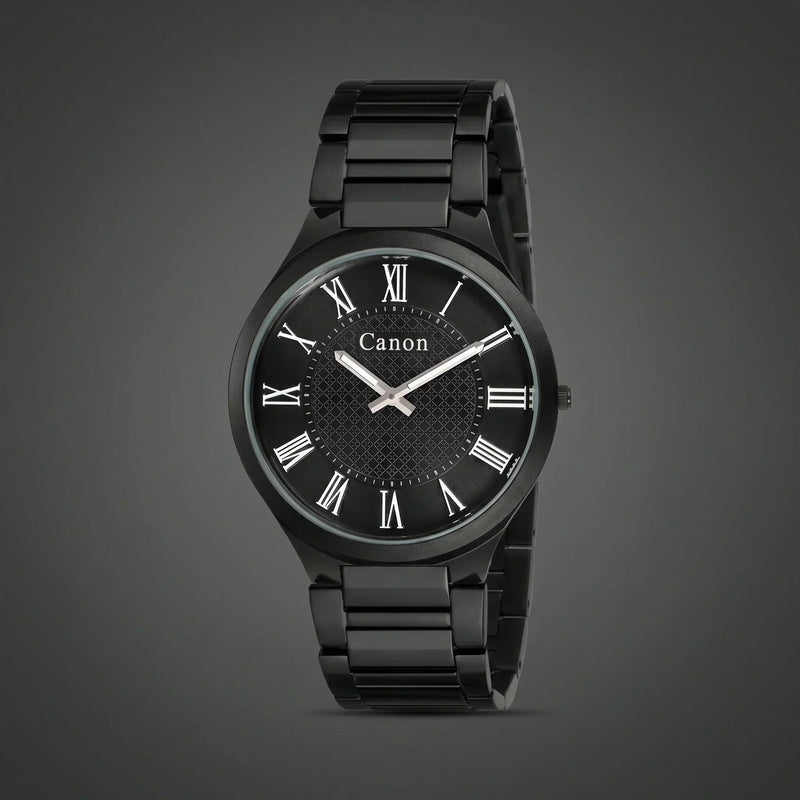 Black analog watch with Roman numerals, metal band, and Canon branding on dial