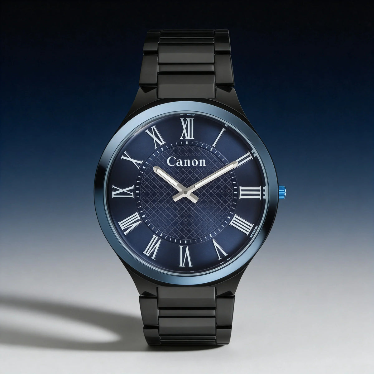 Canon men's analog watch with black strap, blue dial, Roman numerals, and textured face