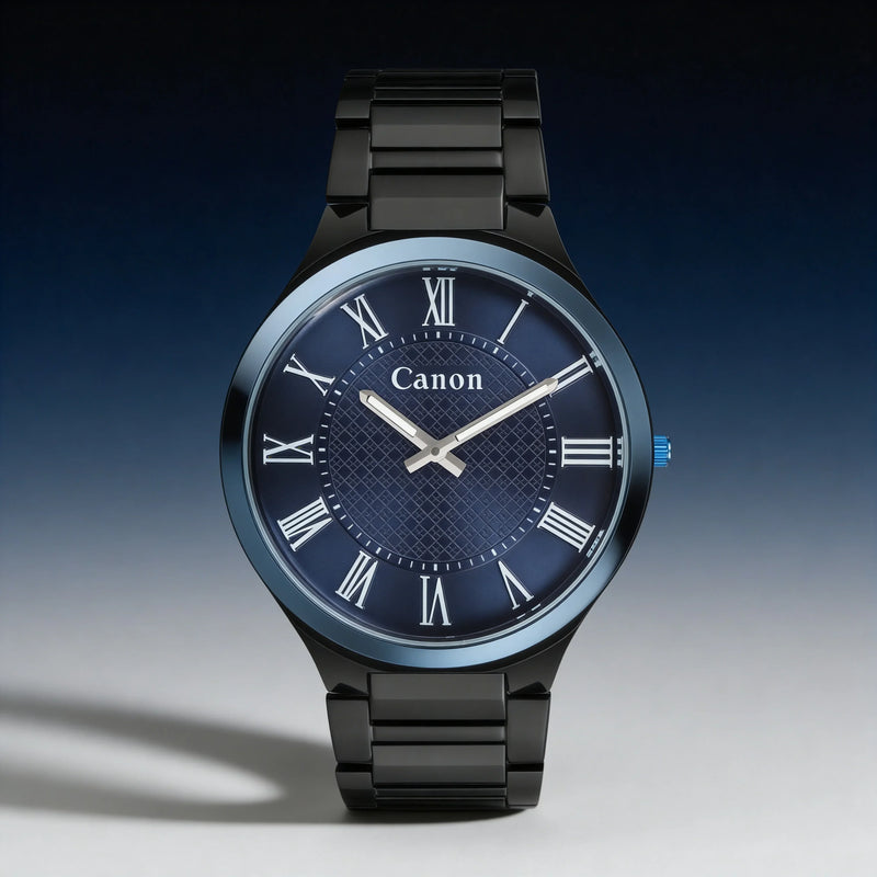 Canon men's analog watch with black strap, blue dial, Roman numerals, and textured face