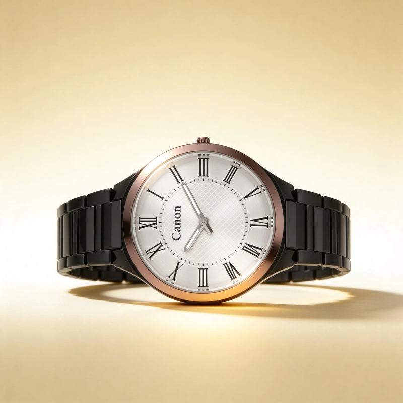 Elegant analog watch with Roman numerals, black strap, and rose gold accents for timeless style