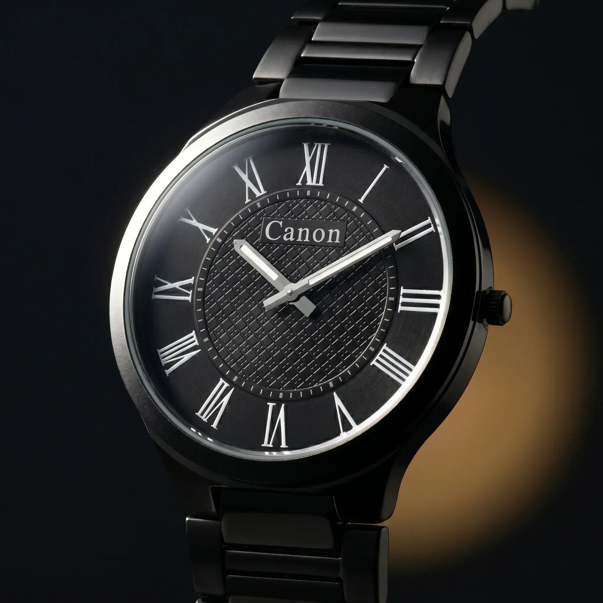 Canon men's black analog watch with Roman numerals and metal bracelet, classic quartz design