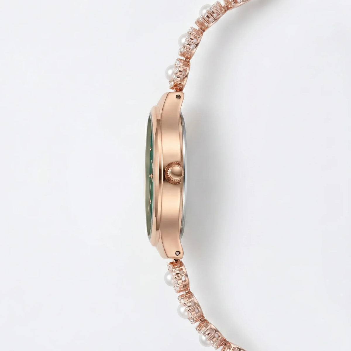 Rose gold analog watch with pearl and crystal bracelet, green dial, elegant design