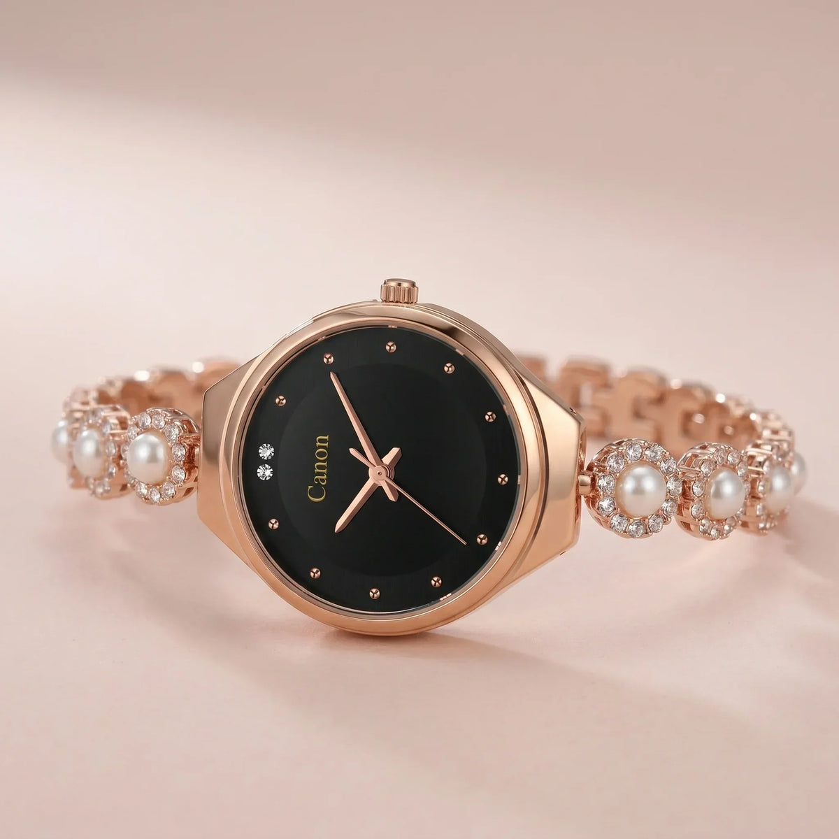 Elegant rose gold watch with black dial, pearl & crystal accents, analog quartz movement for women