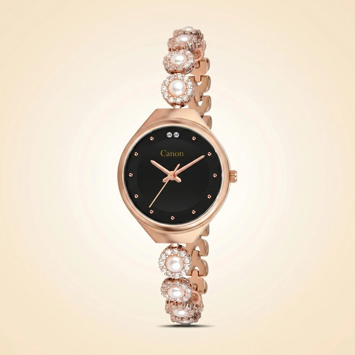 Elegant rose gold analog watch with black dial, pearl & crystal accents, perfect for women's fashion