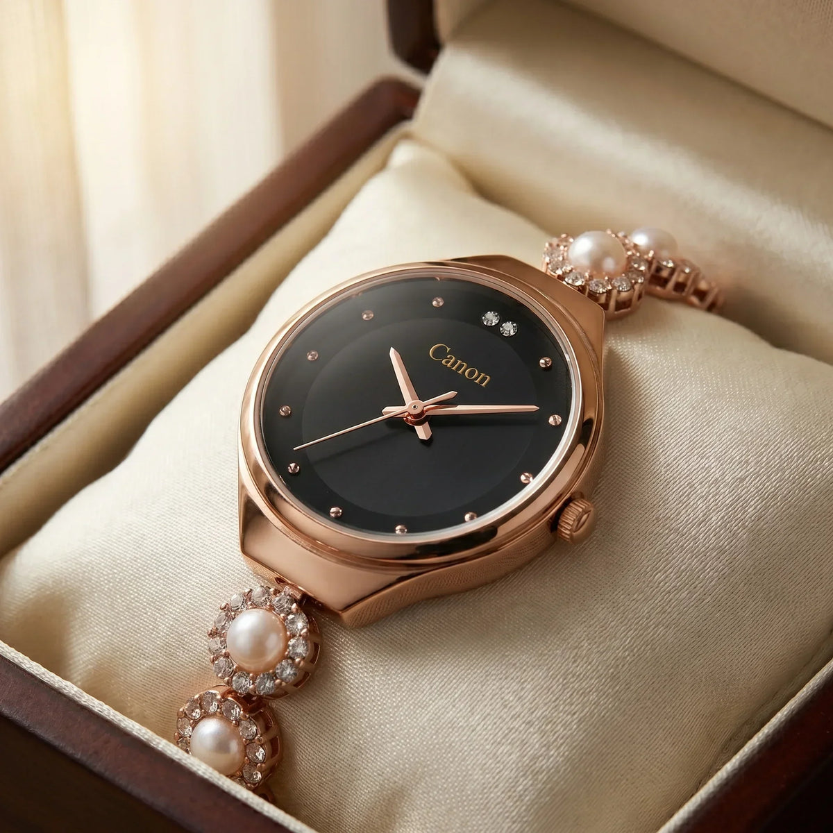 Elegant rose gold watch with black dial, pearl & crystal bracelet, displayed in luxury box