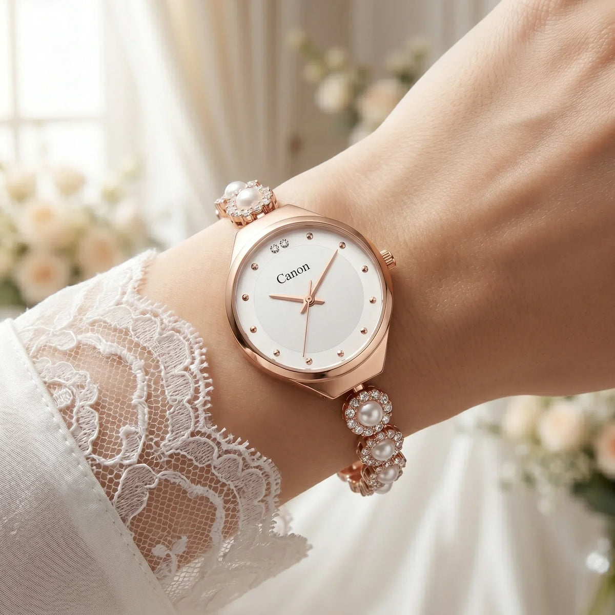 Elegant rose gold watch with pearl and crystal accents on a woman's wrist, perfect for bridal or formal wear.