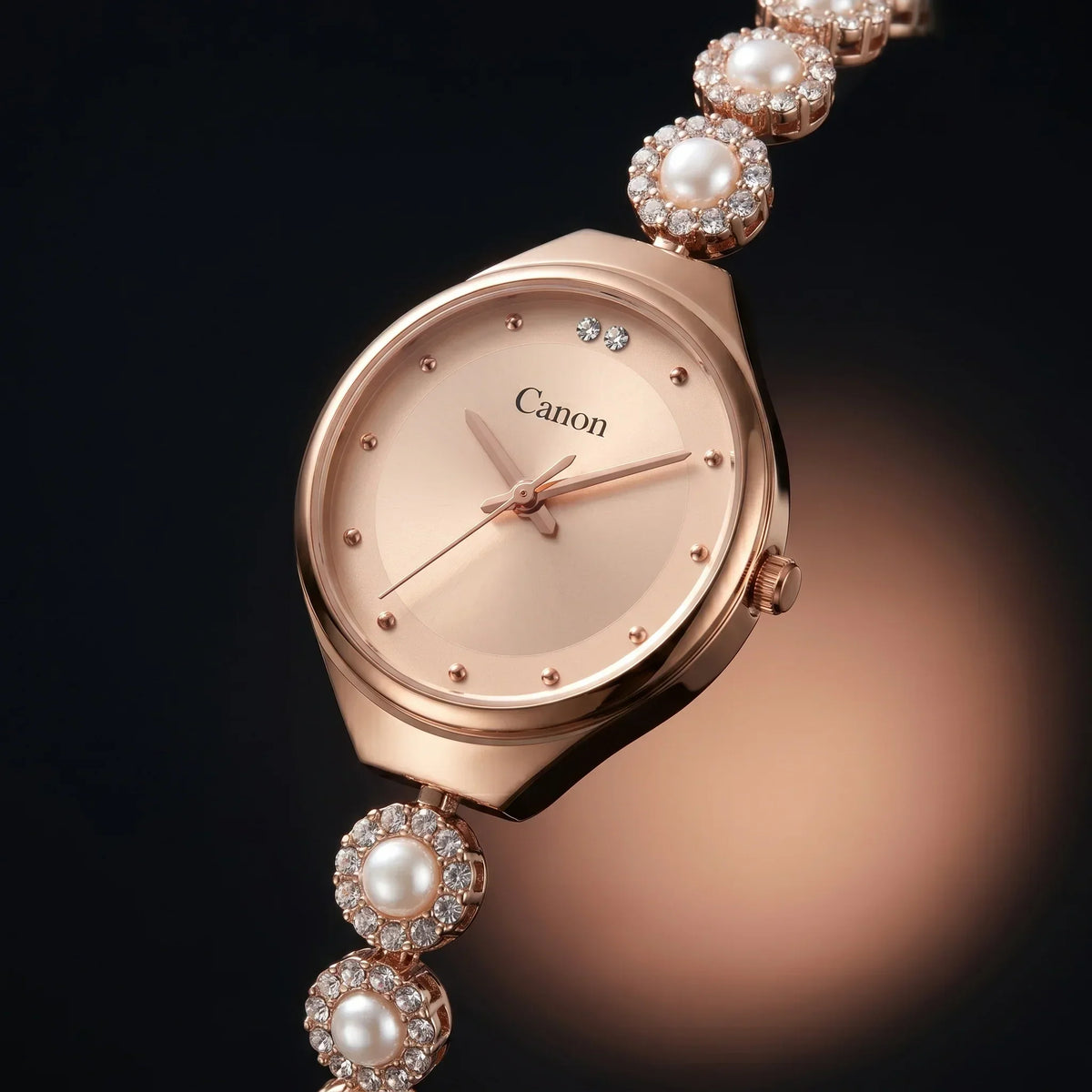 Elegant rose gold analog watch with pearl and crystal accents, featuring a classic dial and luxurious bracelet design.