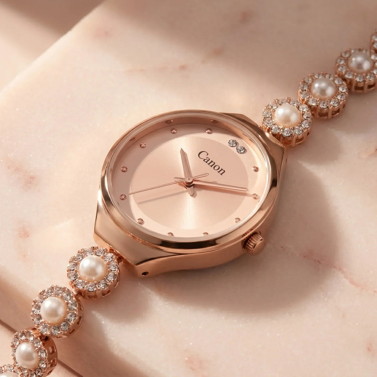 Elegant rose gold analog watch with pearl and crystal bracelet, featuring a minimalist dial and Japanese quartz movement.