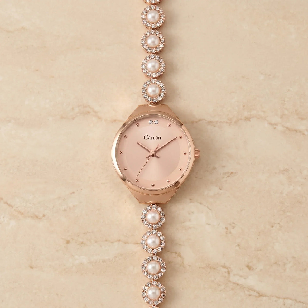 Elegant rose gold analog watch with pearl and crystal accents on bracelet, perfect for women's fashion.