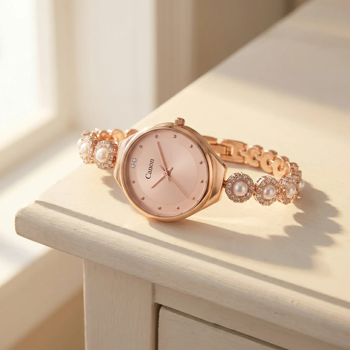 Elegant rose gold analog watch with pearl and crystal bracelet, perfect for women's fashion