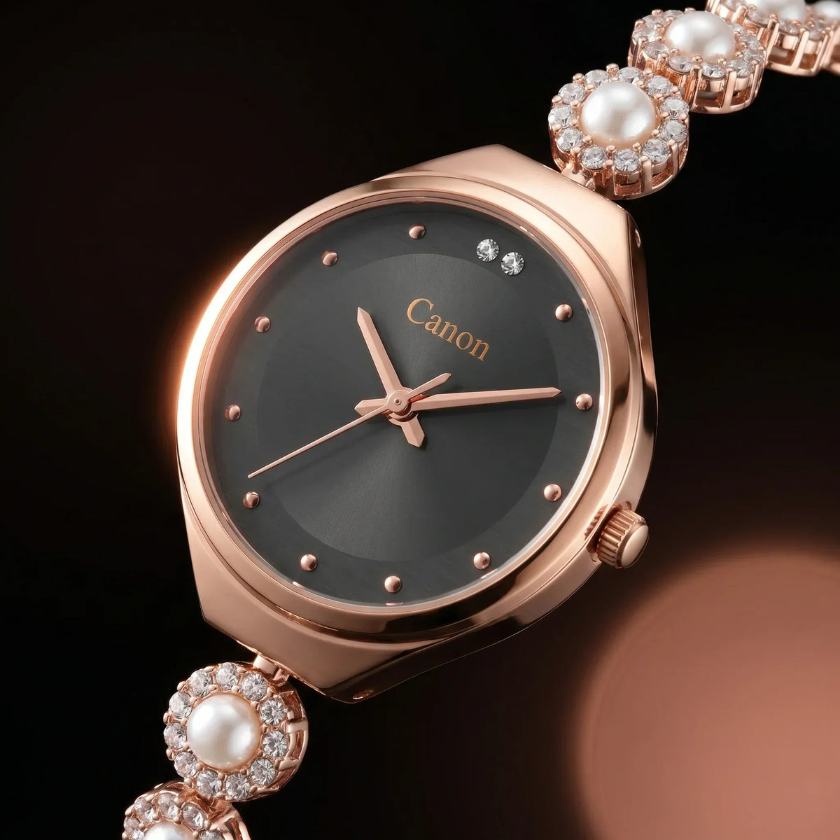 Elegant rose gold watch with pearl and crystal bracelet, dark dial, and Canon branding
