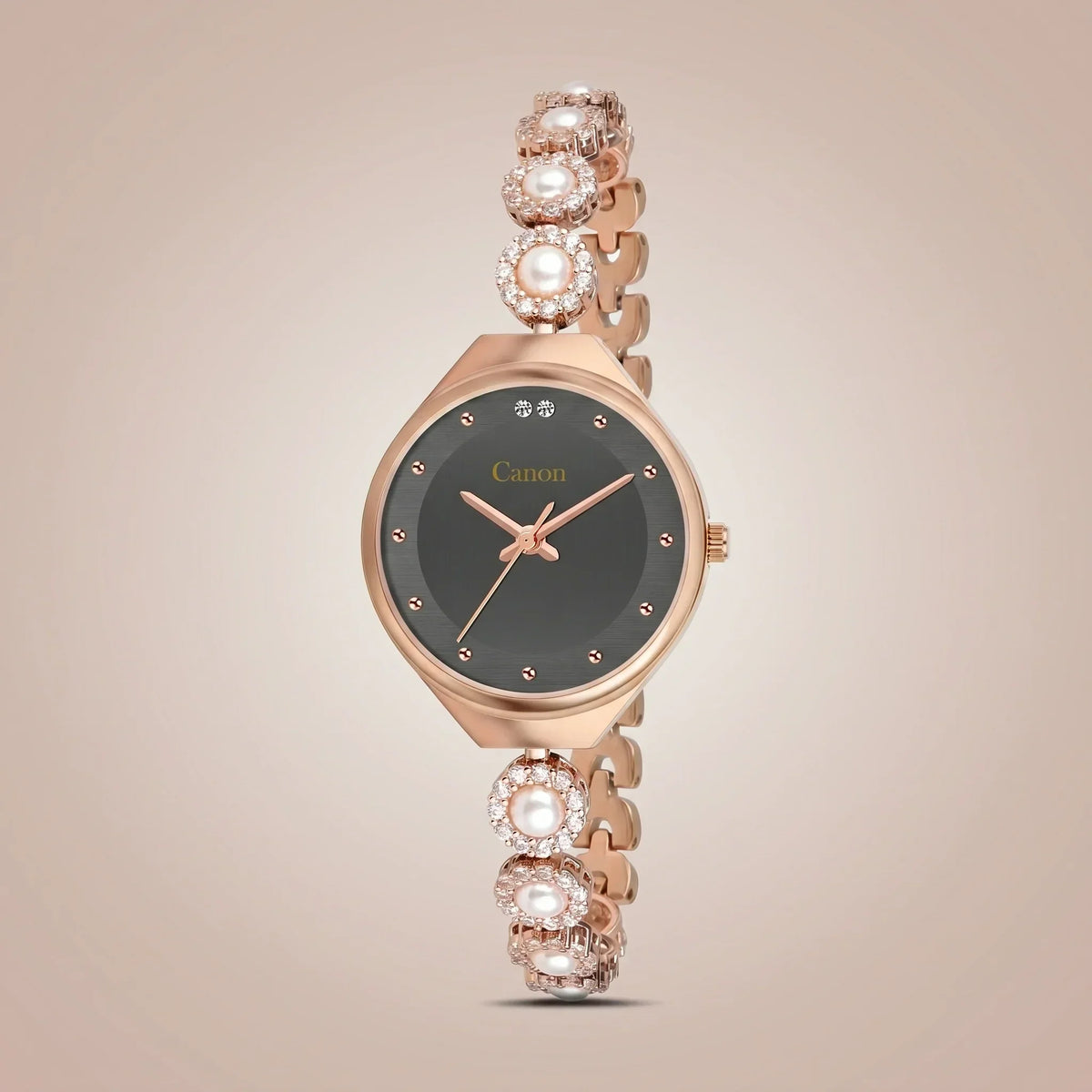 Elegant rose gold analog watch with pearl and crystal accents, black dial, for women
