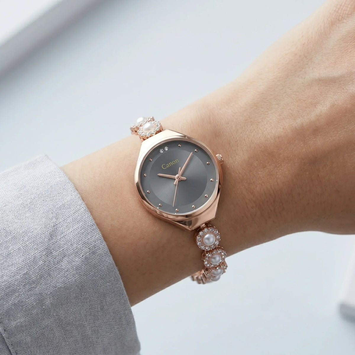 Elegant rose gold watch with pearl and crystal bracelet, gray dial, for women