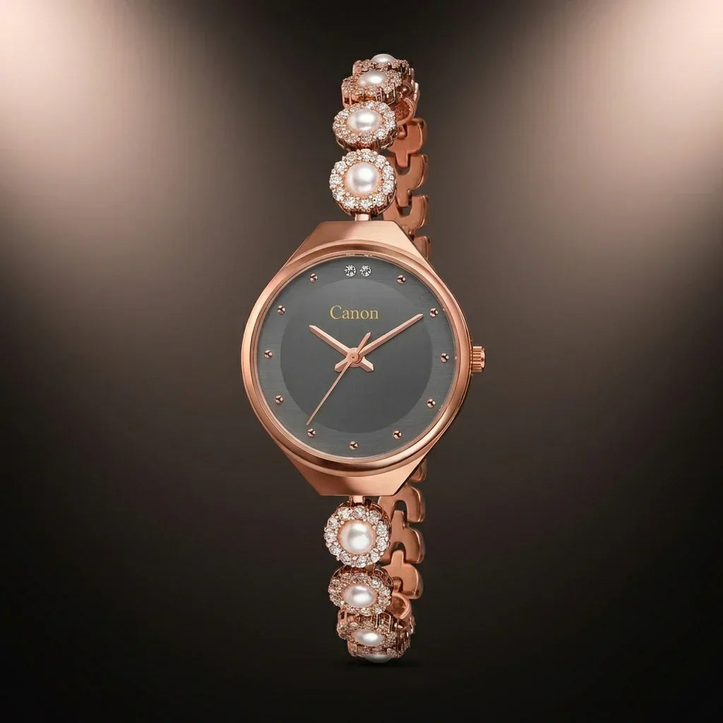 Elegant rose gold analog watch with pearl & crystal accents, gray dial, Japanese Miyota movement