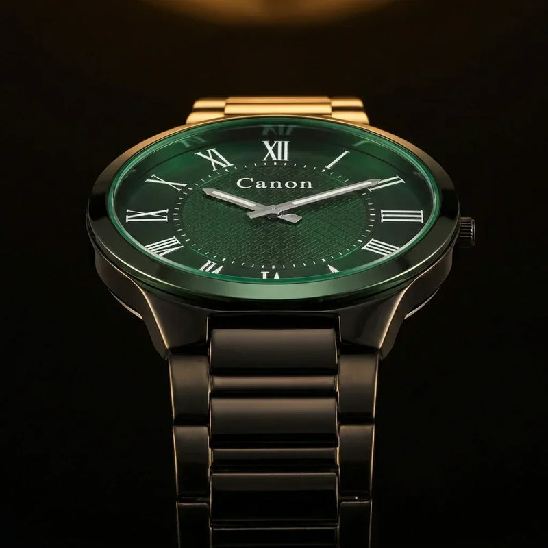 Elegant green dial analog watch with Roman numerals and black metal strap