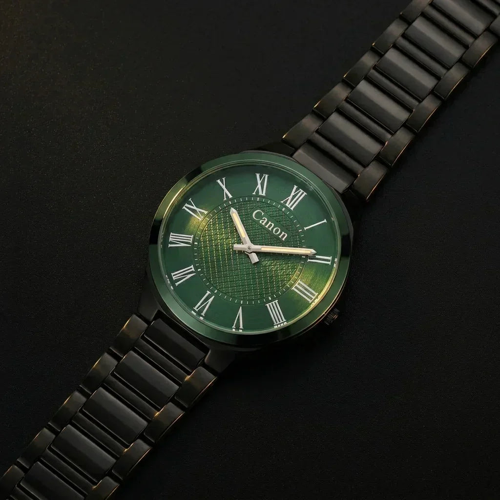 Elegant green dial analog watch with Roman numerals and black metal band