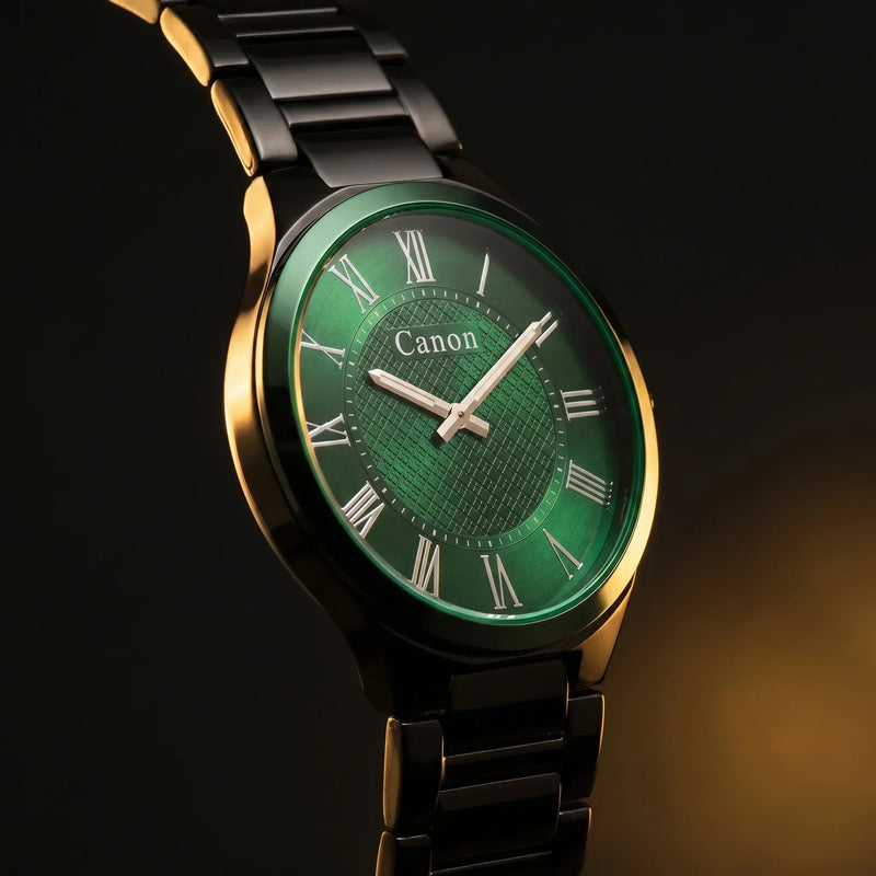 Elegant green dial analog watch with Roman numerals, gold-tone case, and black metal bracelet