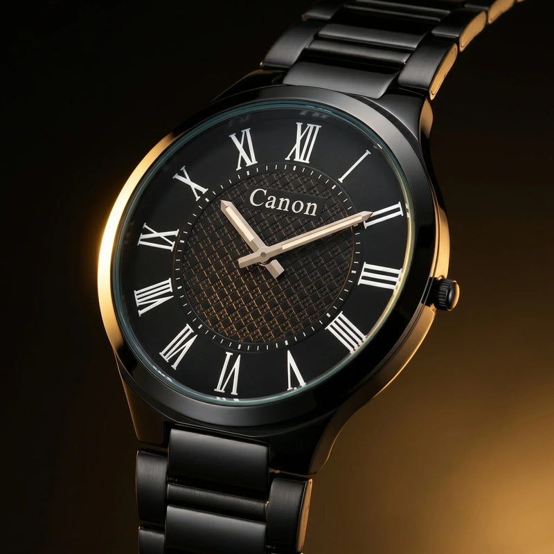 Elegant black analog watch with Roman numerals, gold accents, and textured dial for men or women.