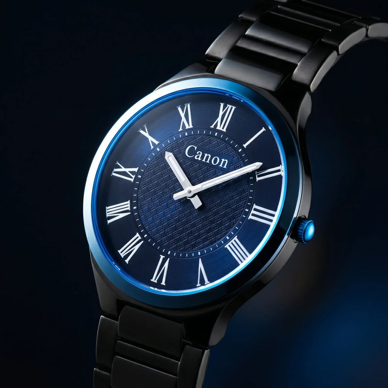 Canon analog watch with blue dial, Roman numerals, and black metal strap on dark background