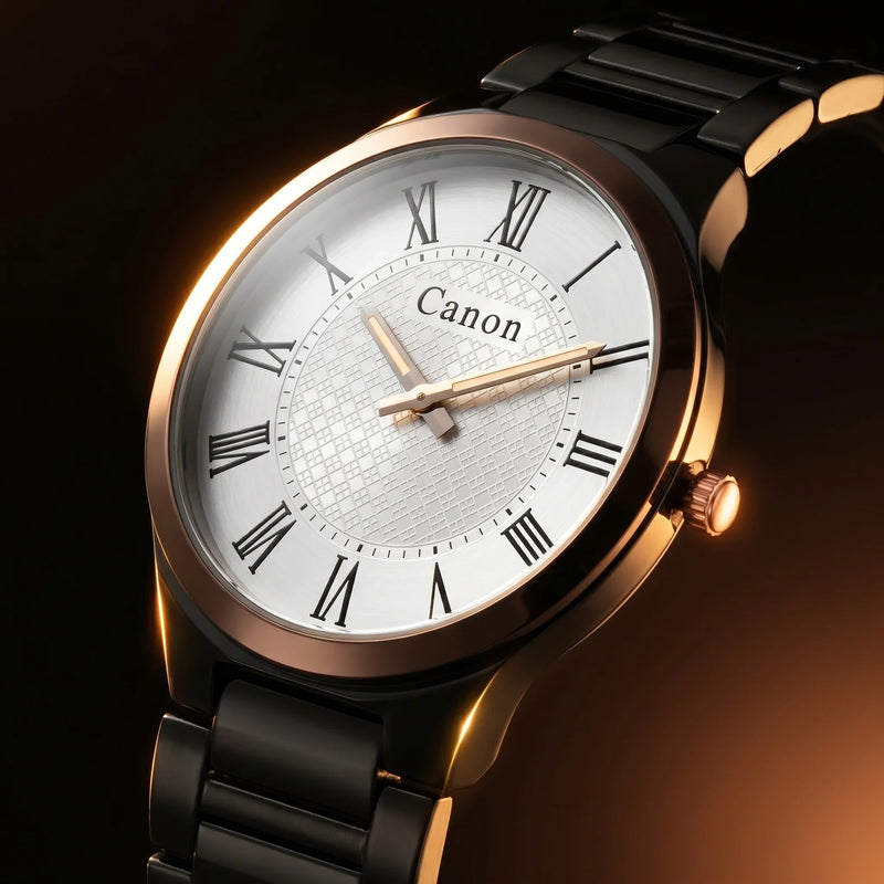 Elegant analog watch with Roman numerals, rose gold accents, and black metal band on dark background
