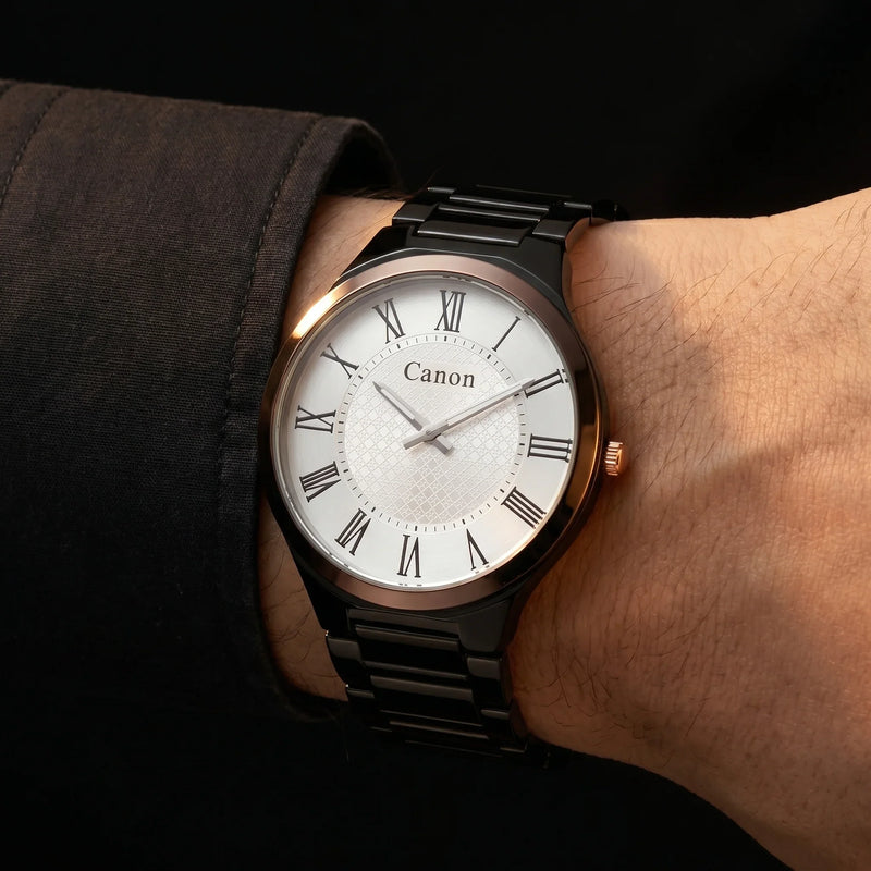 Elegant Canon analog watch with Roman numerals, black strap, and rose gold accents on wrist
