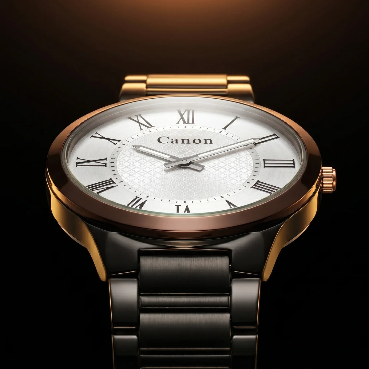 Elegant Canon analog watch with Roman numerals, rose gold case, and black metal strap