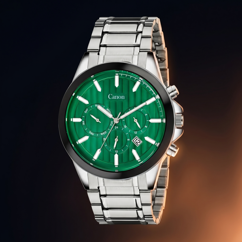 Green dial chronograph watch with stainless steel strap and day-date display