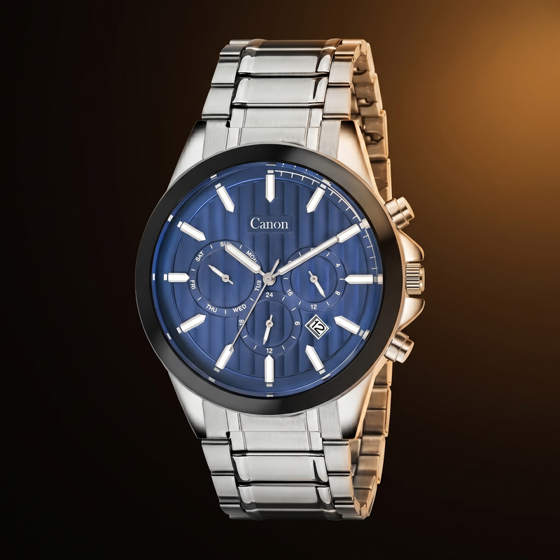 Canon men's analog quartz watch with blue dial, stainless steel strap, and chronograph features