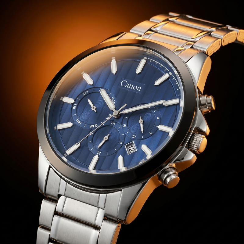 Canon men's analog quartz watch with blue dial, day-date subdials, stainless steel strap, and chronograph features