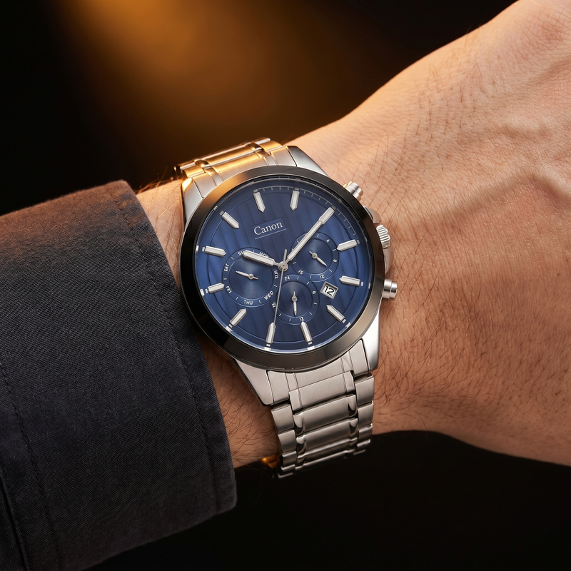Canon men's analog quartz watch with blue dial, stainless steel strap, day-date display, worn on wrist