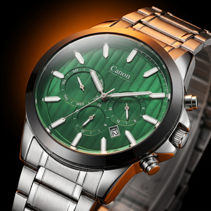 Green dial analog quartz watch with day-date subdials, stainless steel strap, and rose gold accents