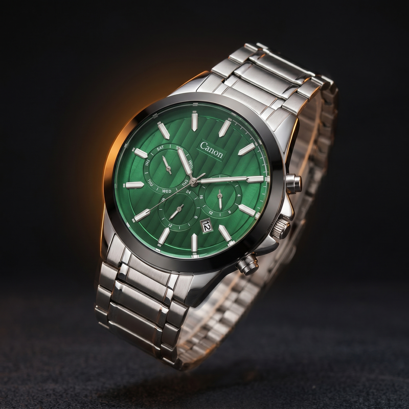 Green dial analog quartz watch with stainless steel strap, day-date subdials, and chronograph functions