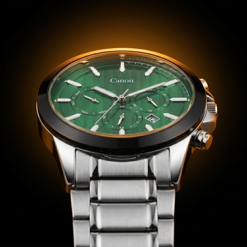 Green dial analog quartz watch with stainless steel strap, chronograph subdials, day-date display, and black bezel
